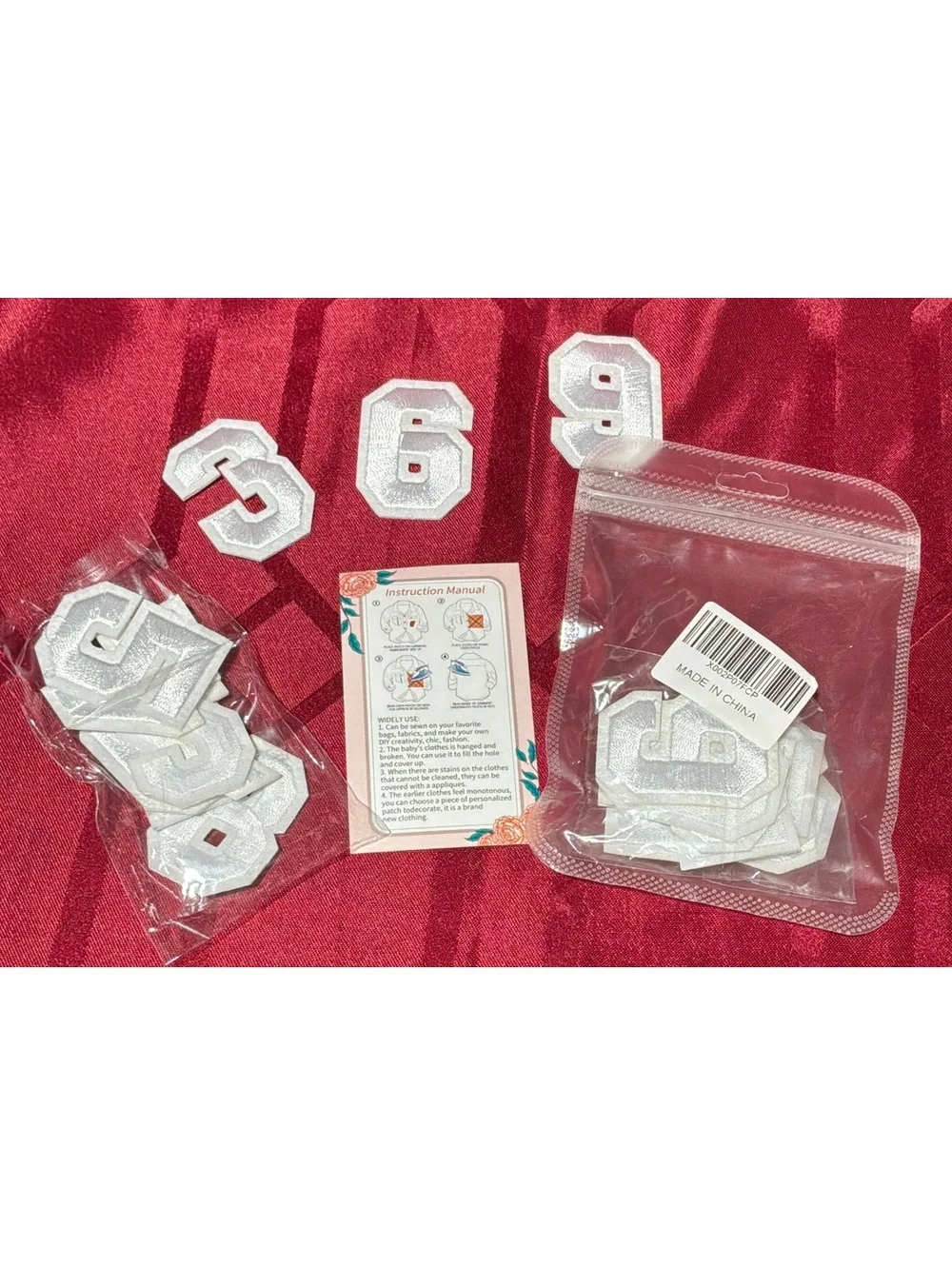 White Iron-On Number Patches Set with Instruction Manual